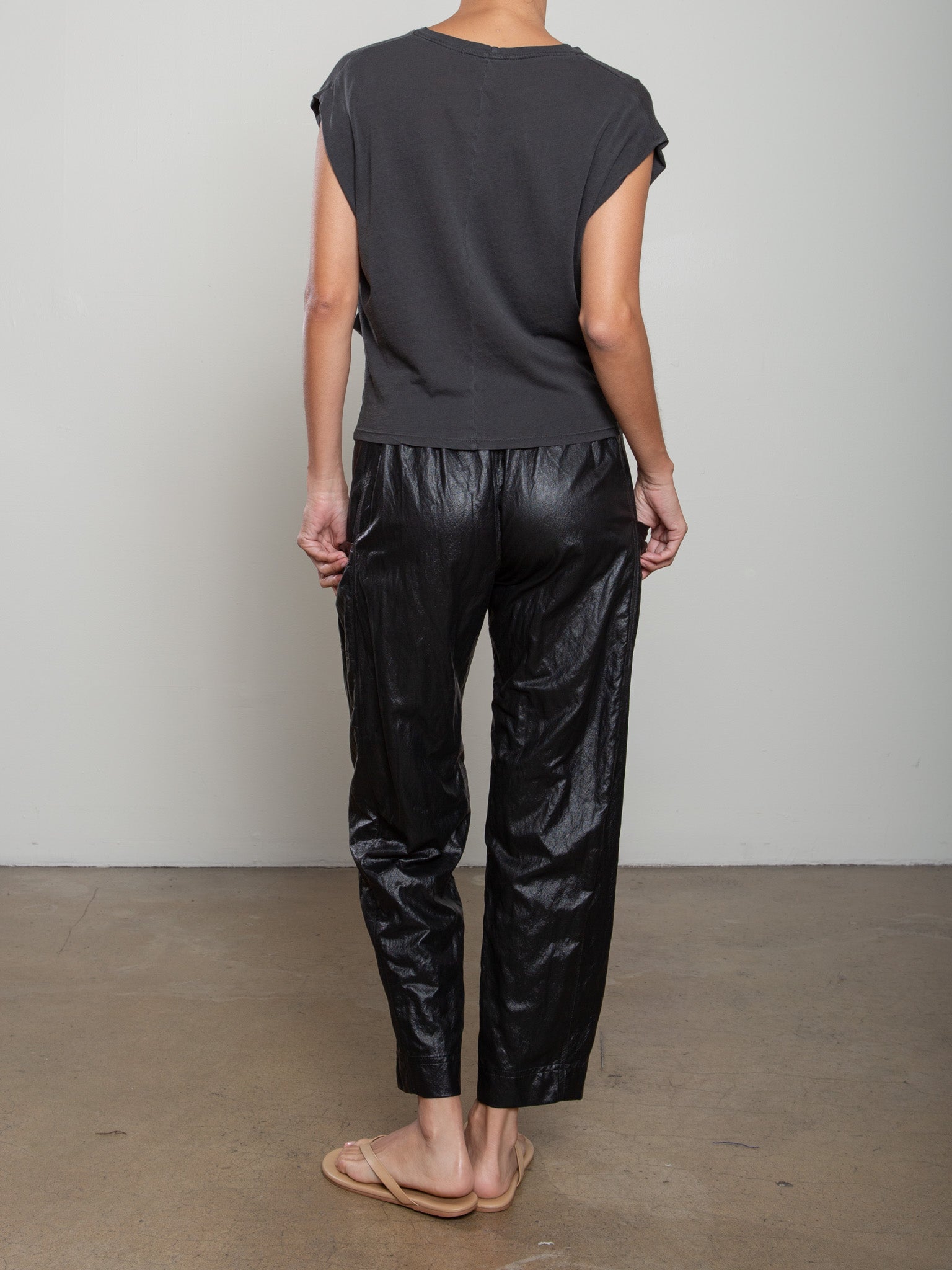 Pharaoh Torrance Pant in Faux Leather, Black, alternate view showing barrel leg and side patch pocket