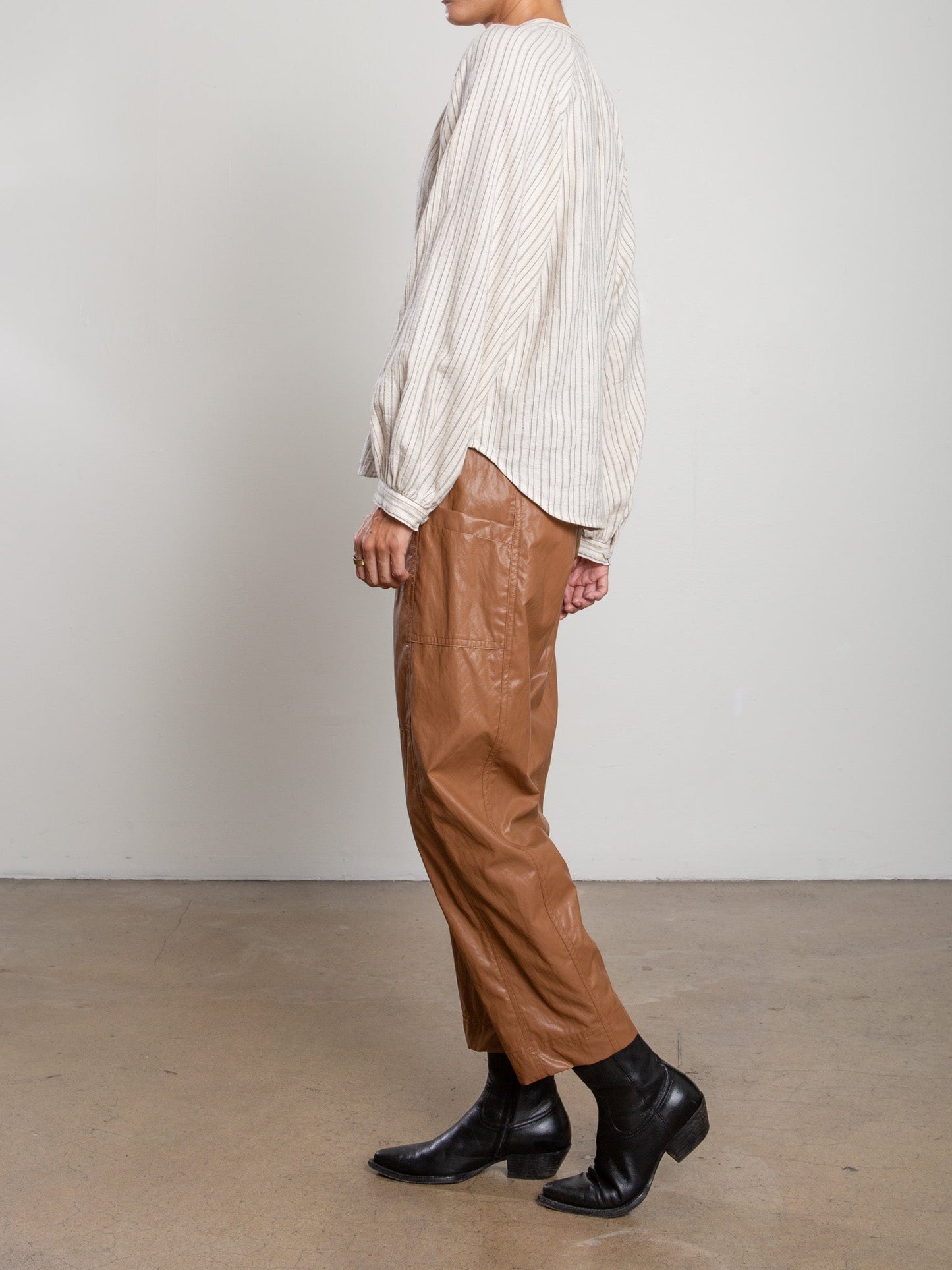 Pharaoh Torrance Pant in Chestnut faux leather, pocket and seam detail