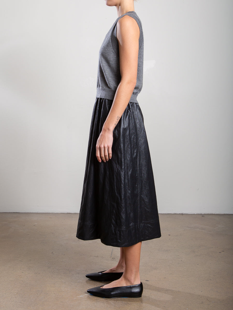 Pharaoh Claudia Skirt in Faux Leather, Black, alternate view showing midi length and side panel