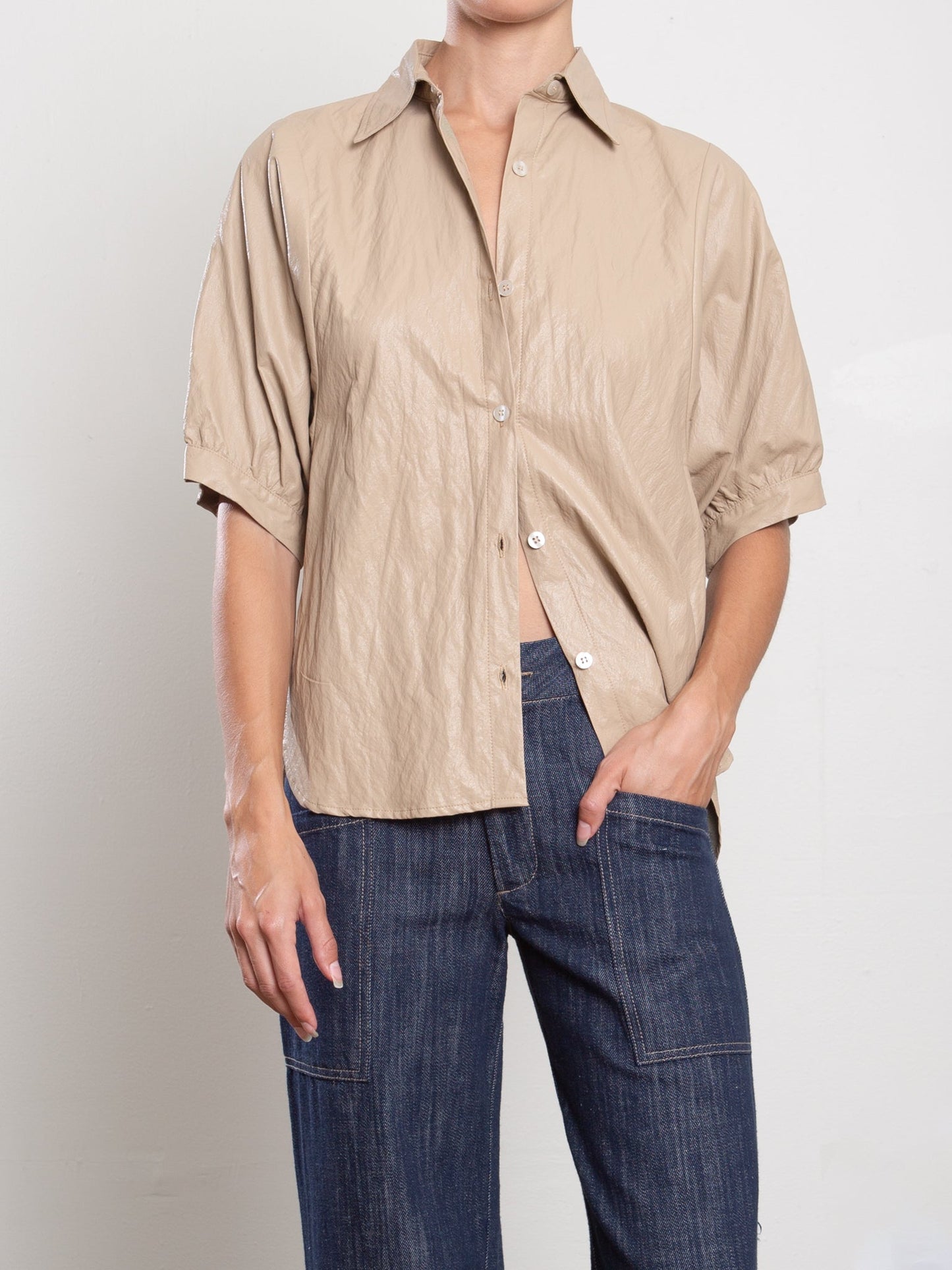 Pharaoh Claude Shirt in Biscotti faux leather, styled with denim