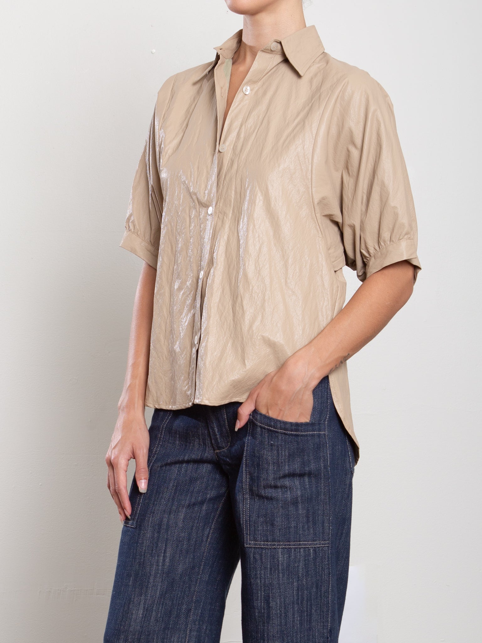 Pharaoh Claude Shirt in Biscotti faux leather, voluminous sleeve detail