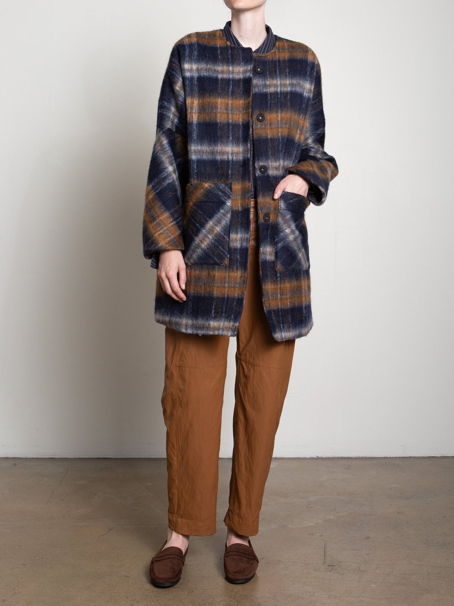 Pharaoh Bex Coat in Laurel brushed plaid, front view