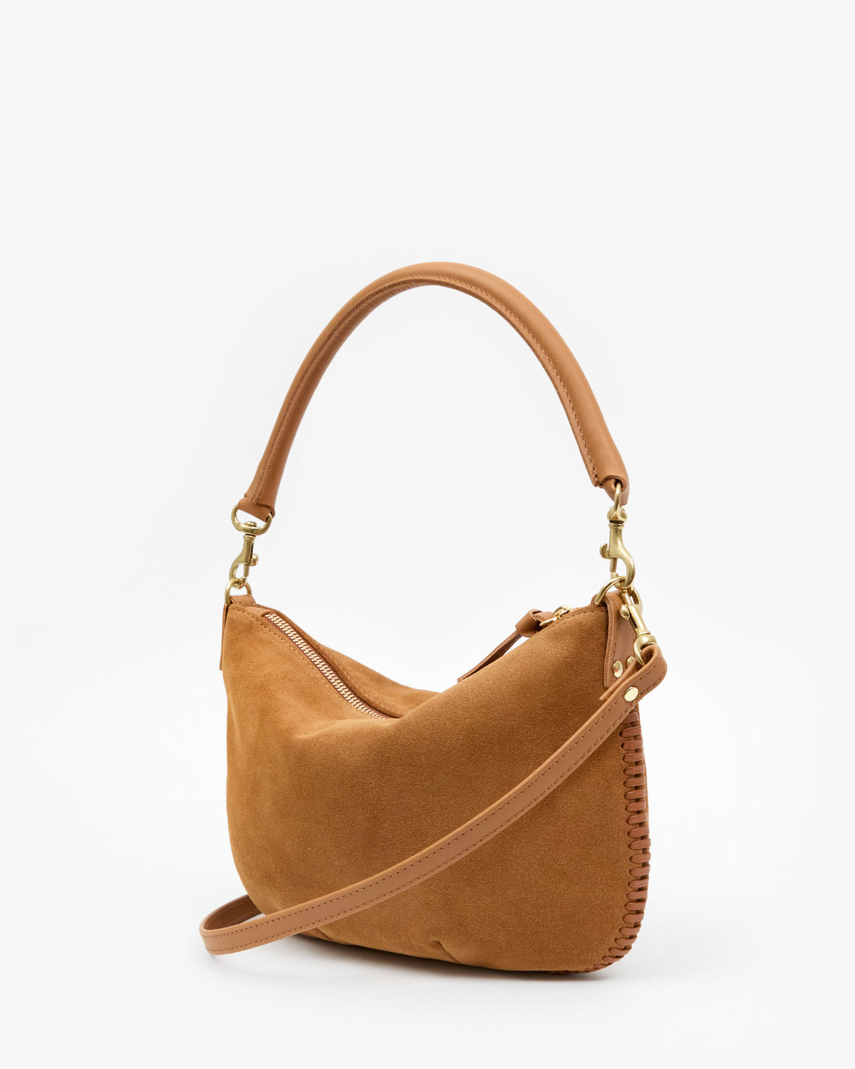 Clare V Petit Moyen Messenger in Caramel Suede with whipstitch, back view