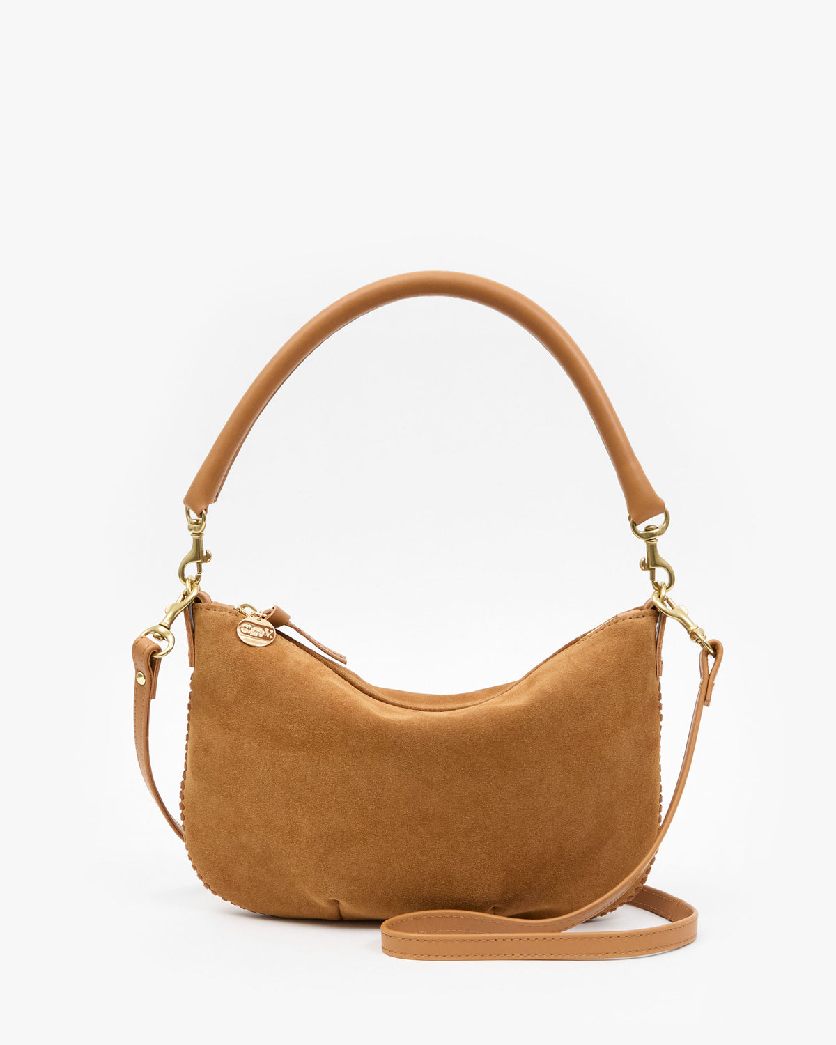 Clare V Petit Moyen Messenger in Caramel Suede with whipstitch, front view