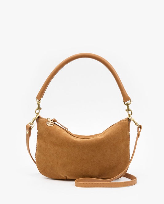 Clare V Petit Moyen Messenger in Caramel Suede with whipstitch, front view