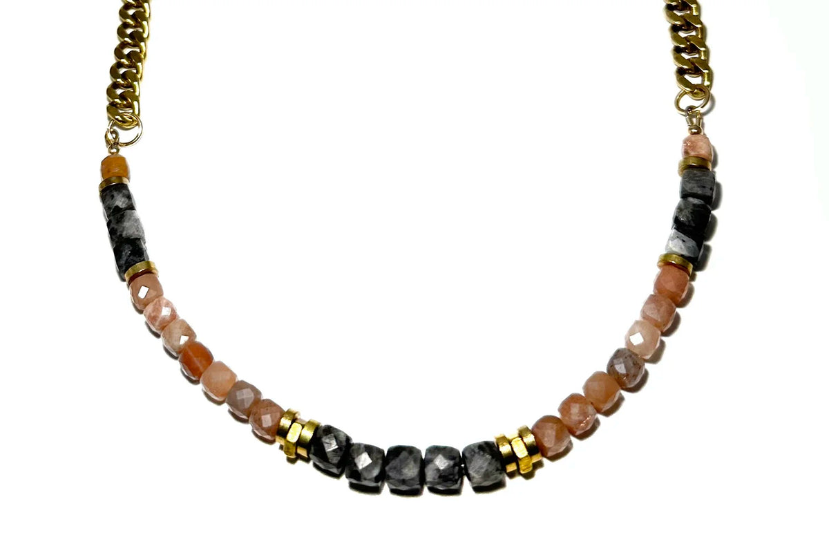 Rachel Nathan Larvikite & Peach Moonstone necklace, full front view of gray larvikite and peach moonstone on brass curb chain