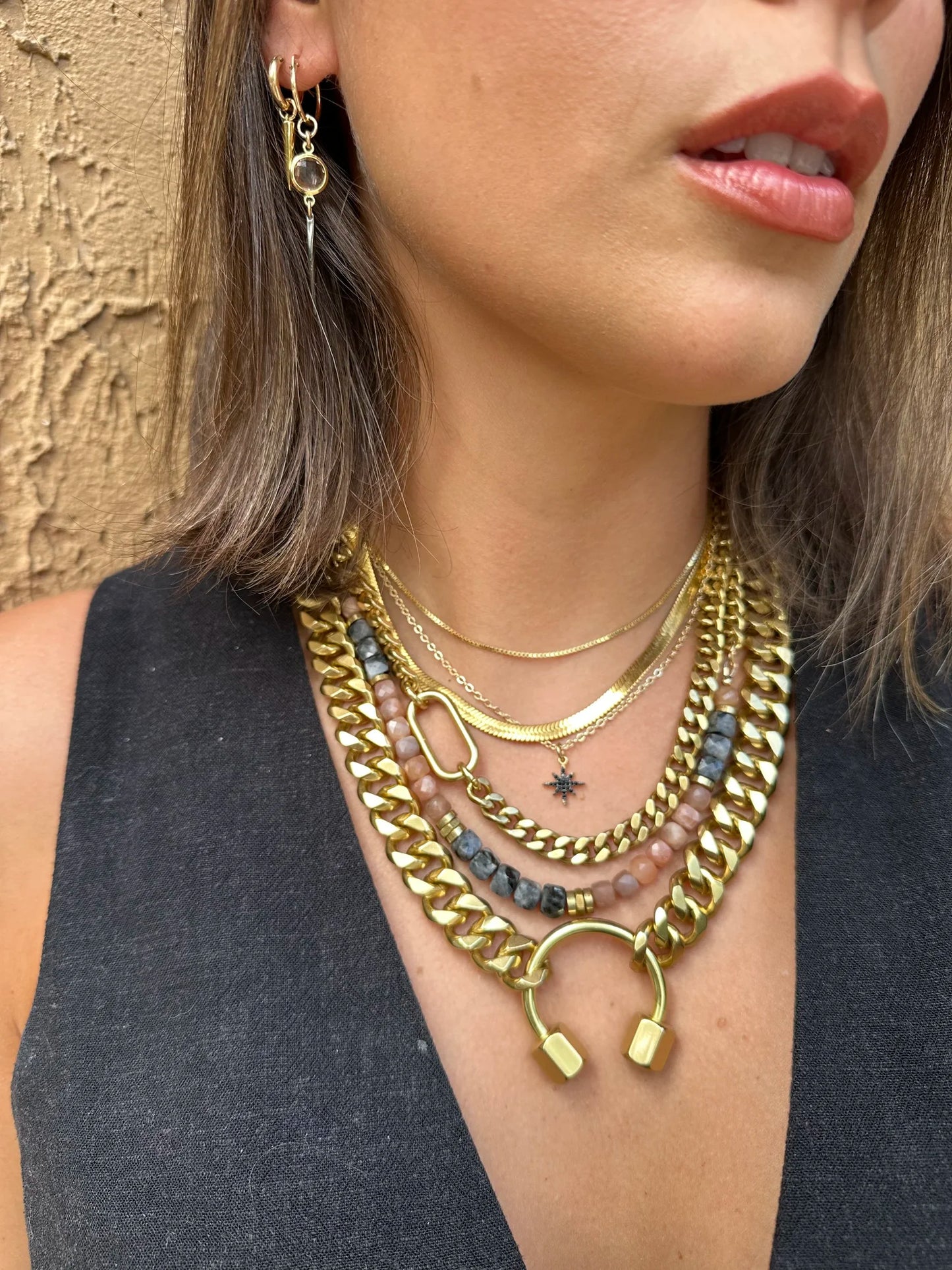 Rachel Nathan Larvikite & Peach Moonstone necklace shown on model