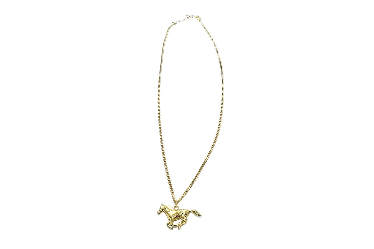 Rachel Nathan Lone Ranger necklace, full front view of the gold-filled horse pendant on gold-filled curb chain