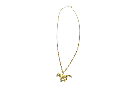 Rachel Nathan Lone Ranger necklace, full front view of the gold-filled horse pendant on gold-filled curb chain