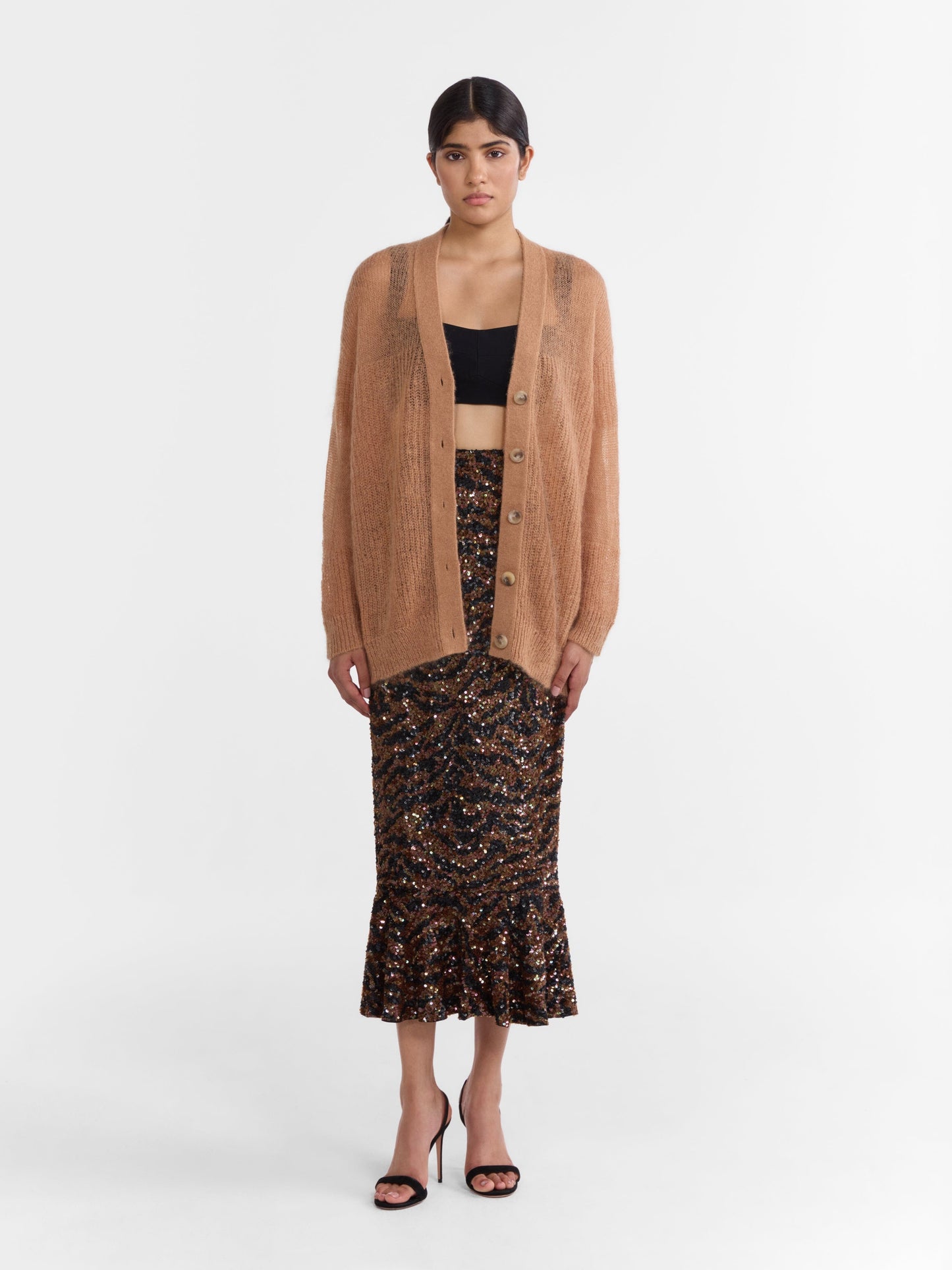 Saloni Oversized Cardigan in Camel, mohair knit with V neckline and mock horn buttons, shown on model