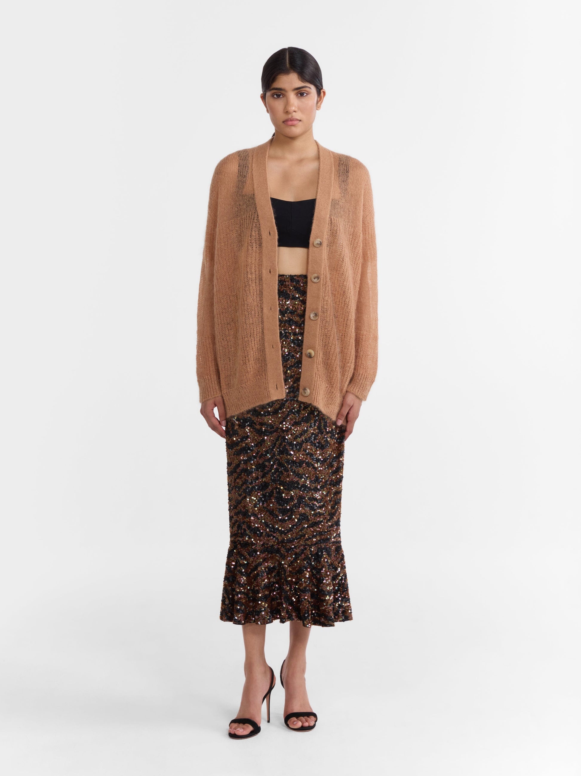 Saloni Oversized Cardigan in Camel, mohair knit with V neckline and mock horn buttons, shown on model