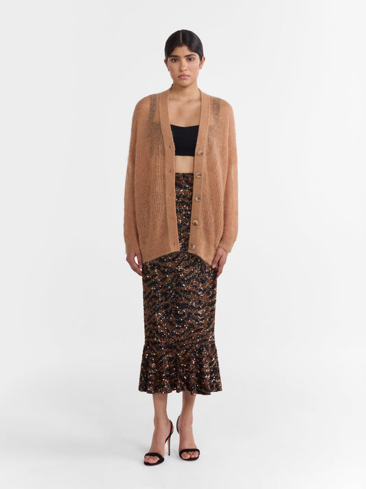 Saloni Oversized Cardigan in Camel, mohair knit with V neckline and mock horn buttons, shown on model