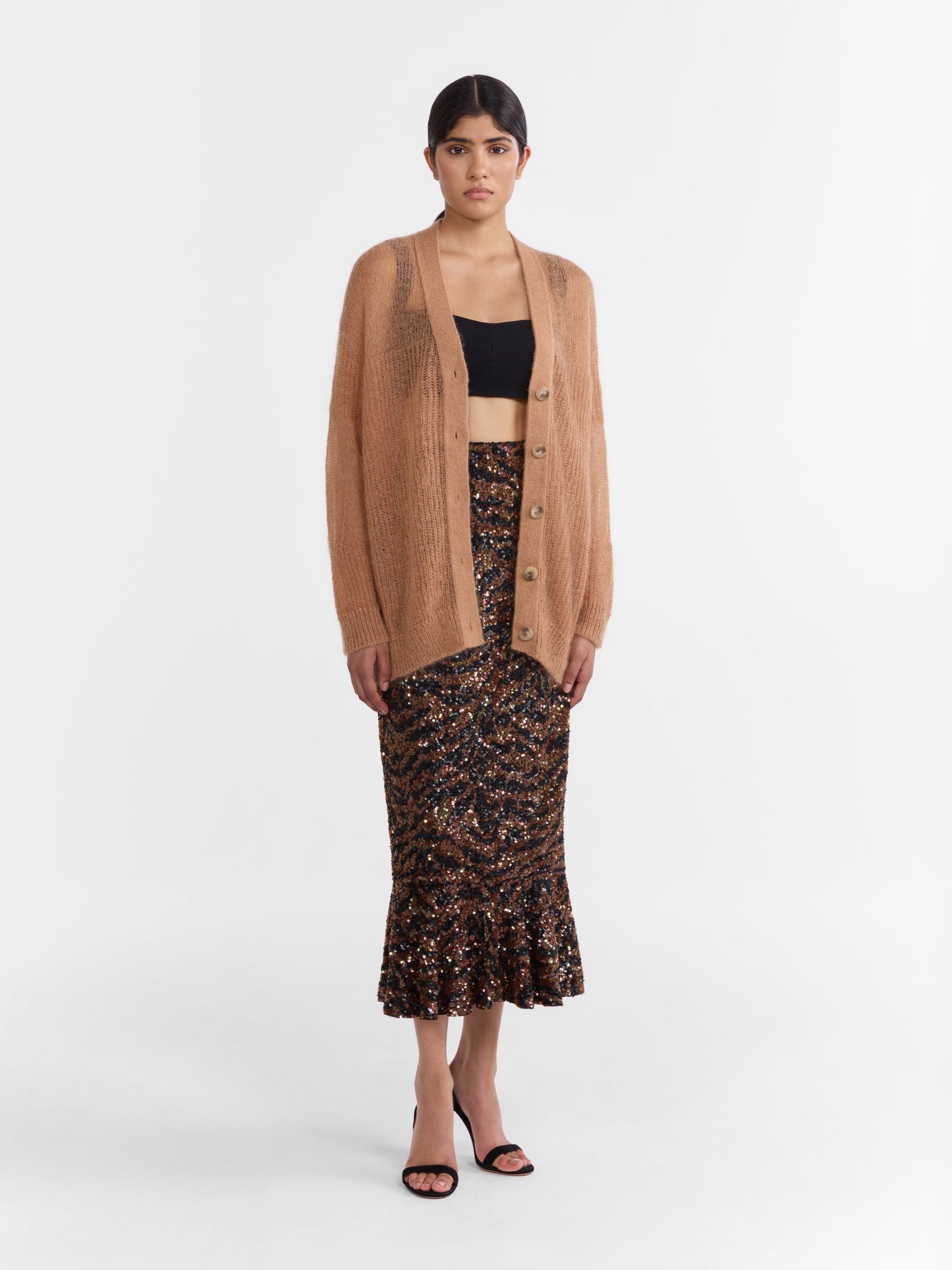 Saloni Oversized Cardigan in Camel, shown on model, alternate view