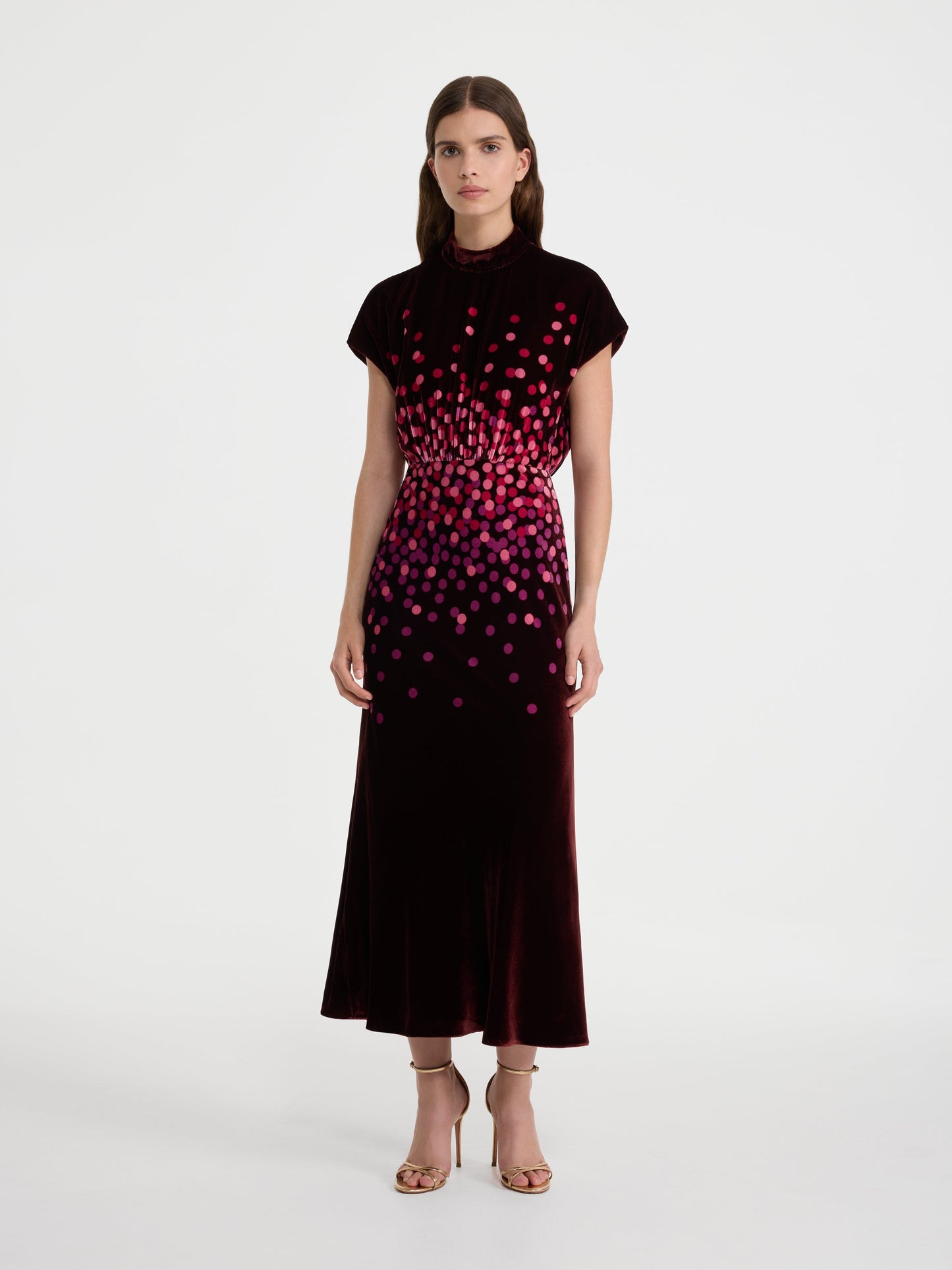 Saloni Fabienne-B Dress in Starlight Berry, burgundy velvet midi with polka dot placement print, shown on model