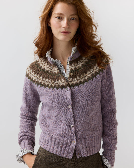 Ann Mashburn Marge Fair Isle Cardigan in Mink/Lavender, shown on model, front view