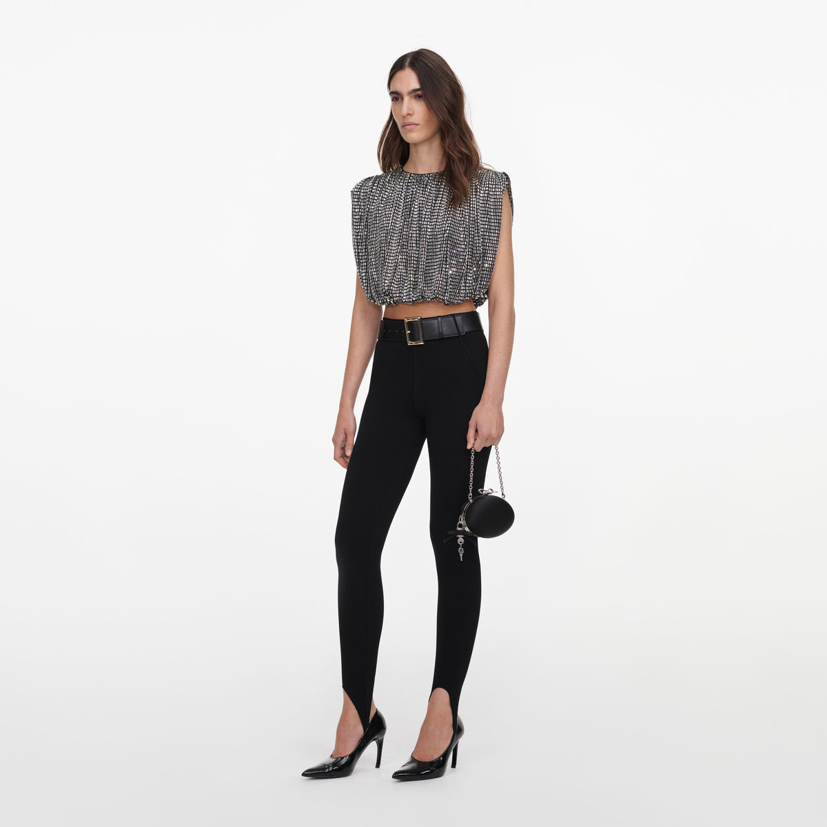 Self Portrait Rhinestone Drape Top in silver, three quarter view showing the draped sleeveless shape