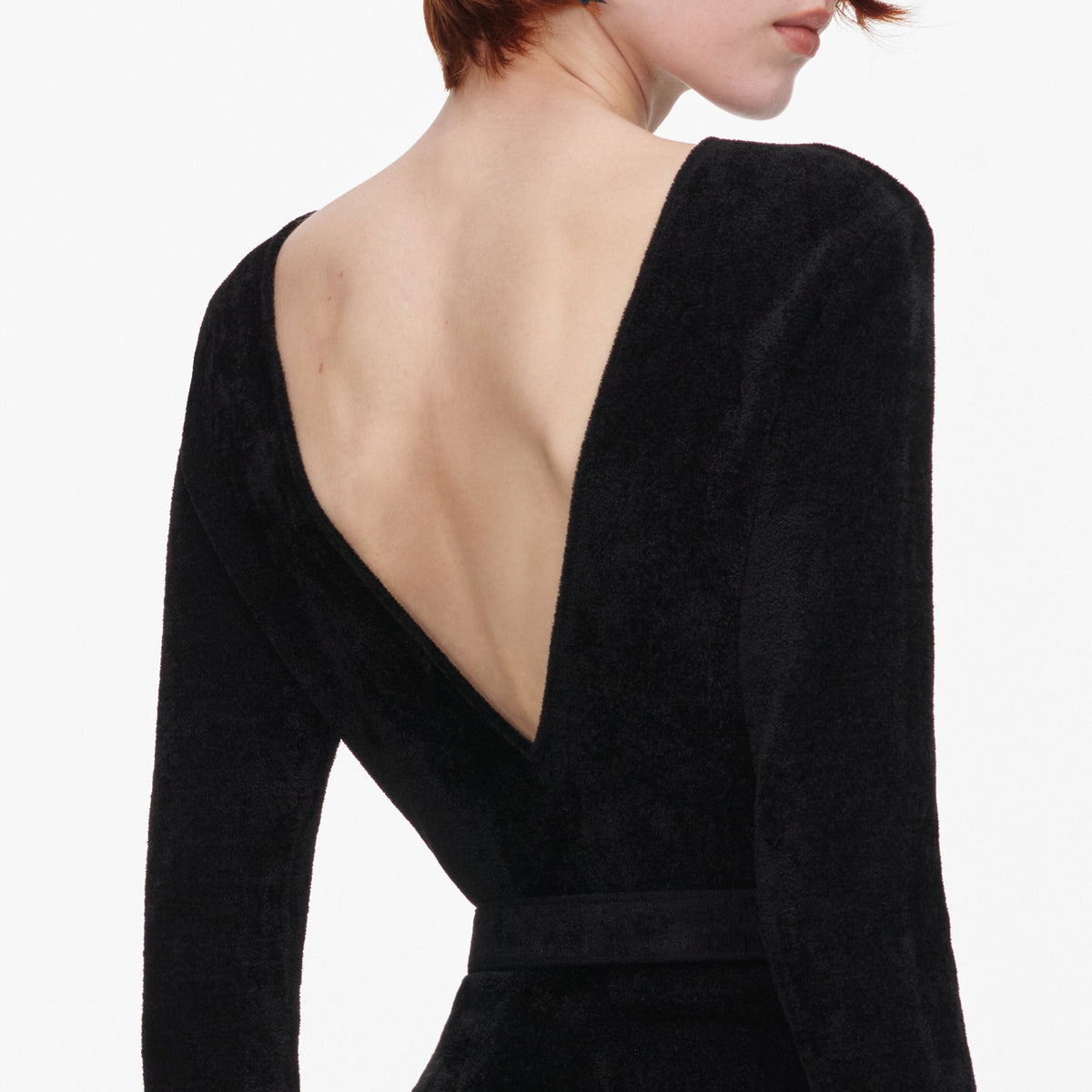 Self Portrait Chenille Feather Top in black, detail of the low V back in soft chenille knit