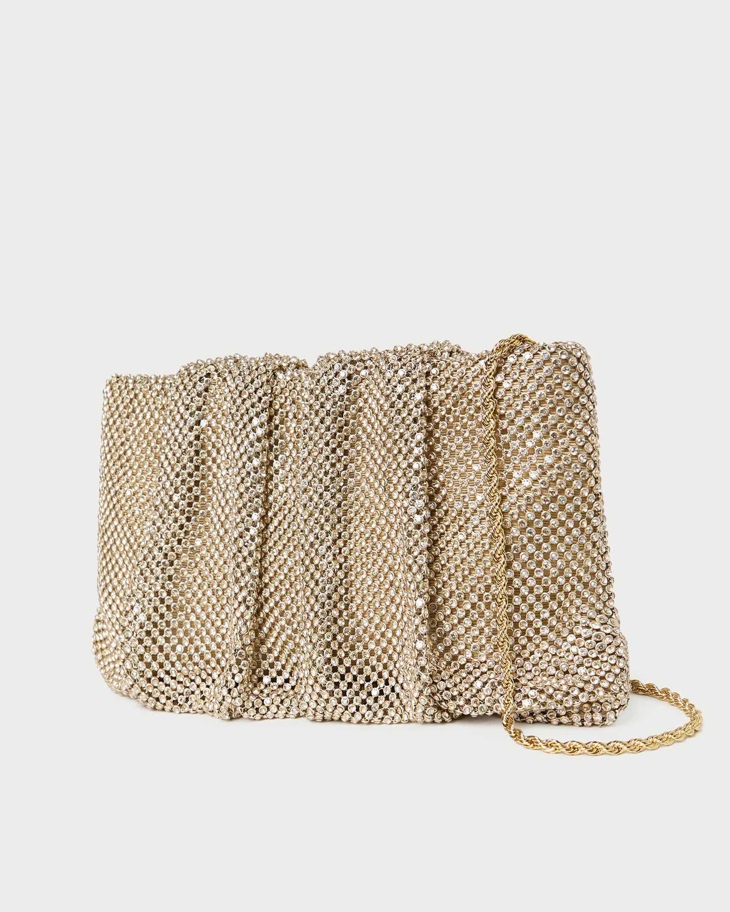 Loeffler Randall Serena Gathered Clutch in shadow gold diamanté, alternate view showing removable twisted gold chain strap