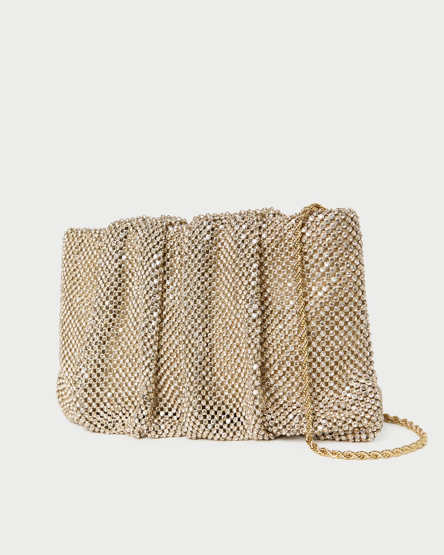 Loeffler Randall Serena Gathered Clutch in shadow gold diamanté, alternate view showing removable twisted gold chain strap