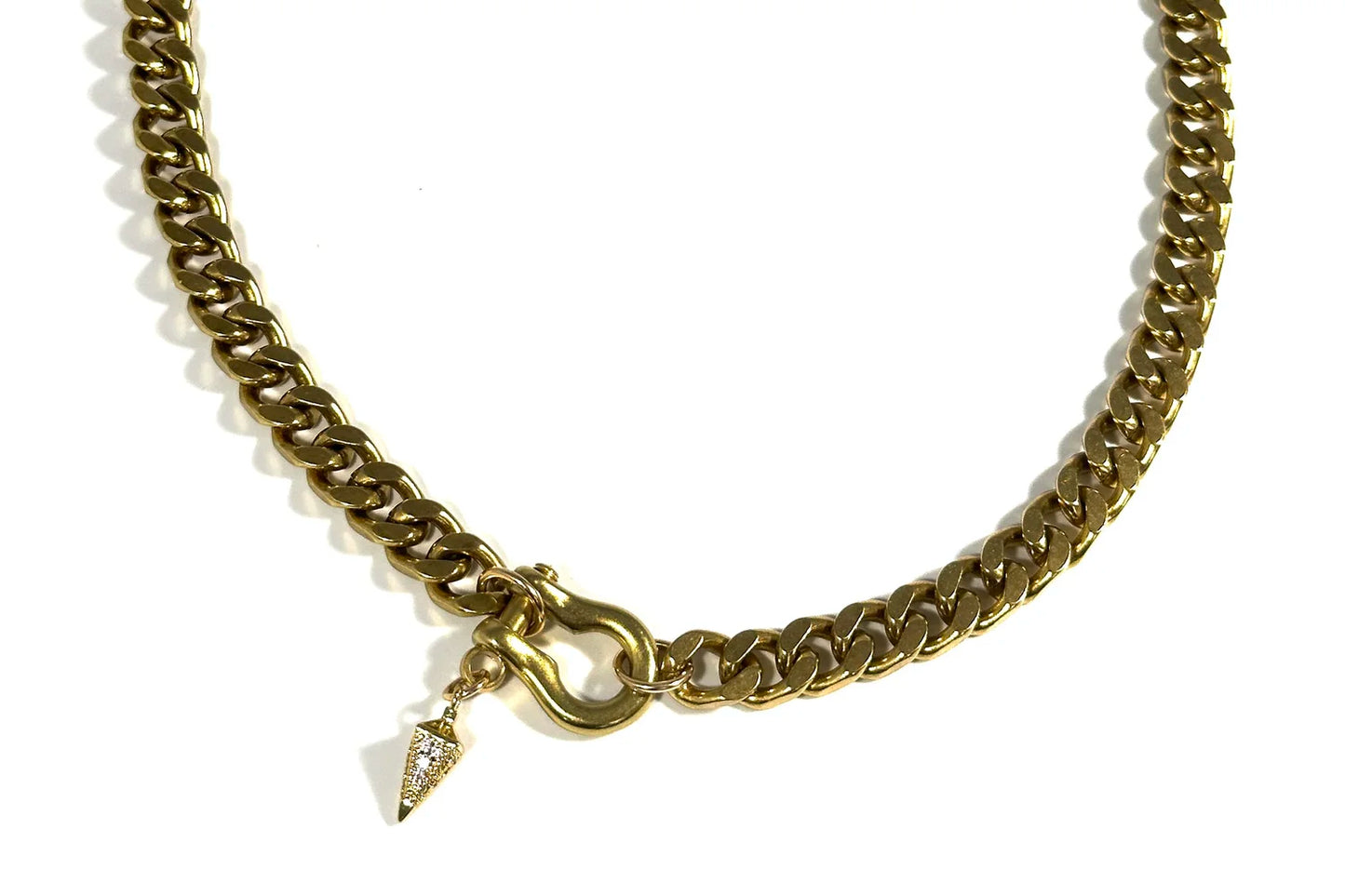Rachel Nathan Shackle Single: Art Deco Drop necklace, full front view with brass shackle clasp and gold-filled pave Art Deco drop