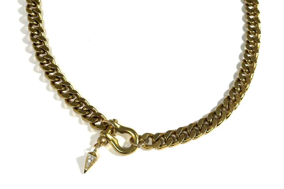 Rachel Nathan Shackle Single: Art Deco Drop necklace, full front view with brass shackle clasp and gold-filled pave Art Deco drop
