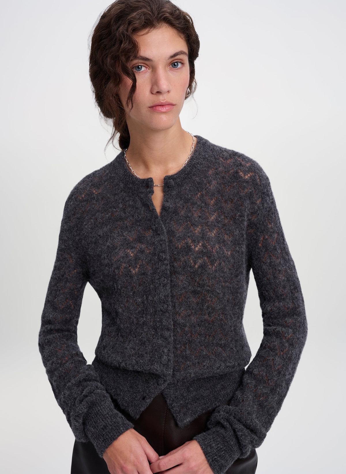 ALC Skyler Cardigan in Charcoal, alternate view on model