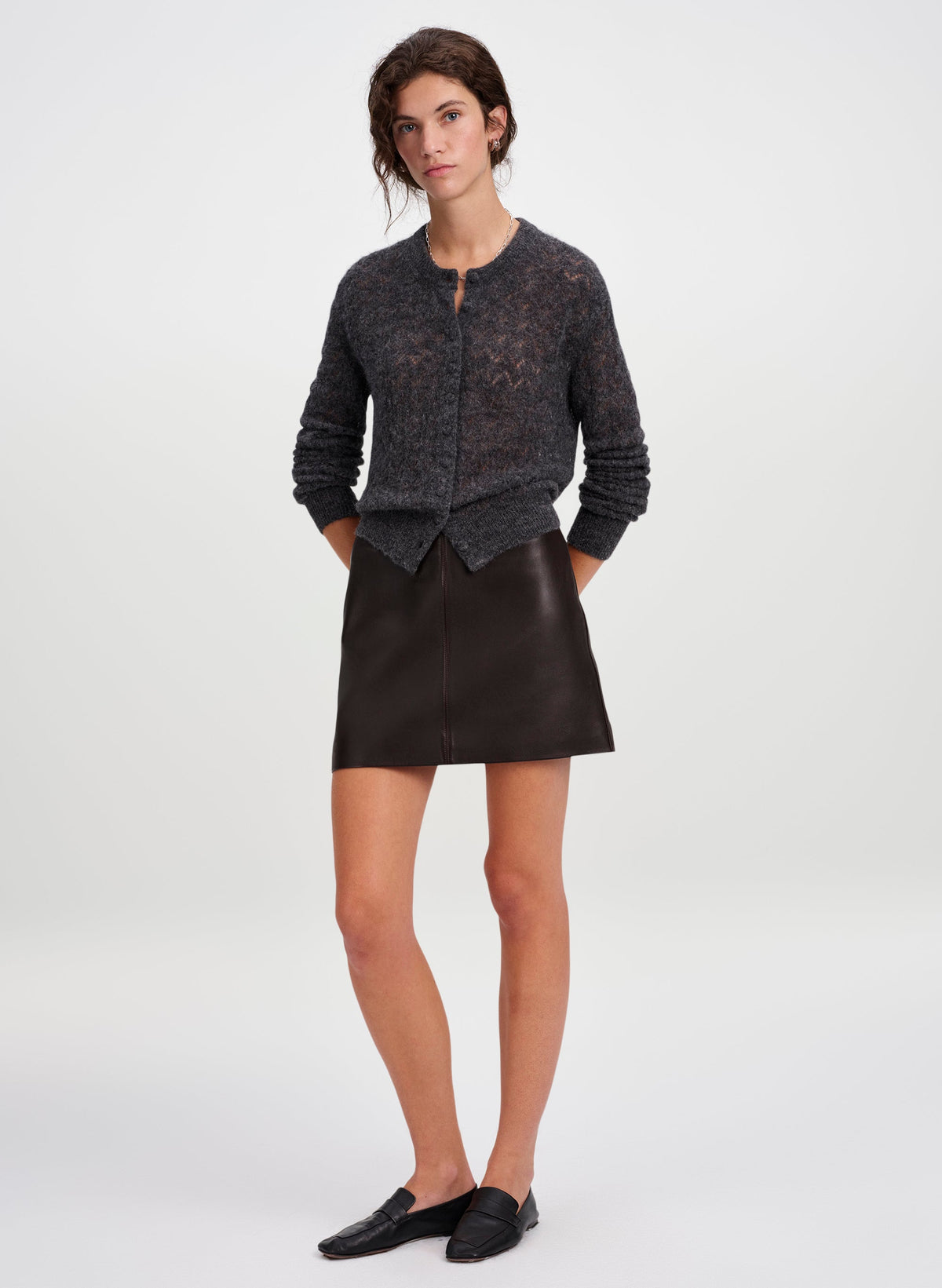 ALC Skyler Cardigan in Charcoal, alternate view on model