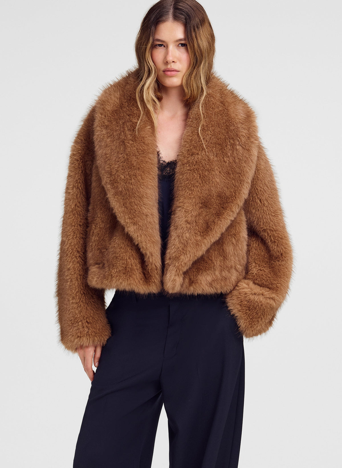 ALC Solange Jacket in Tan Alpaca, shown on model