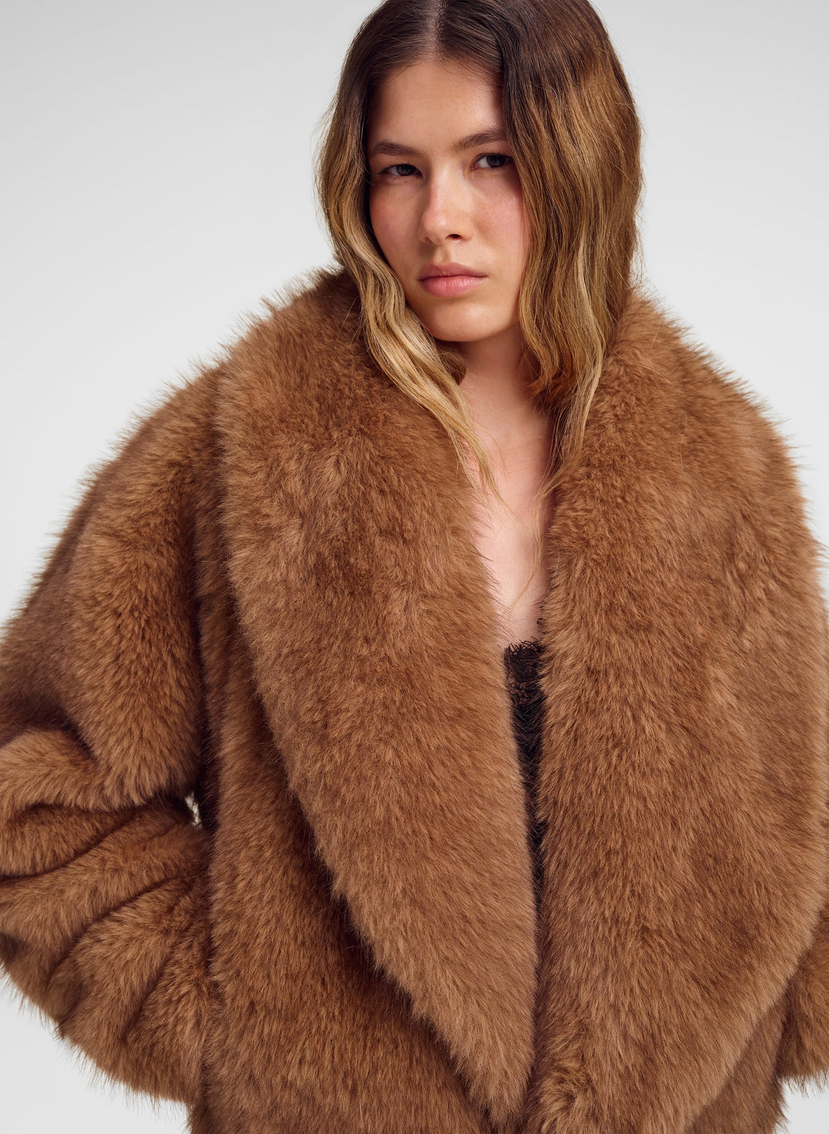 ALC Solange Jacket in Tan Alpaca, alternate view on model