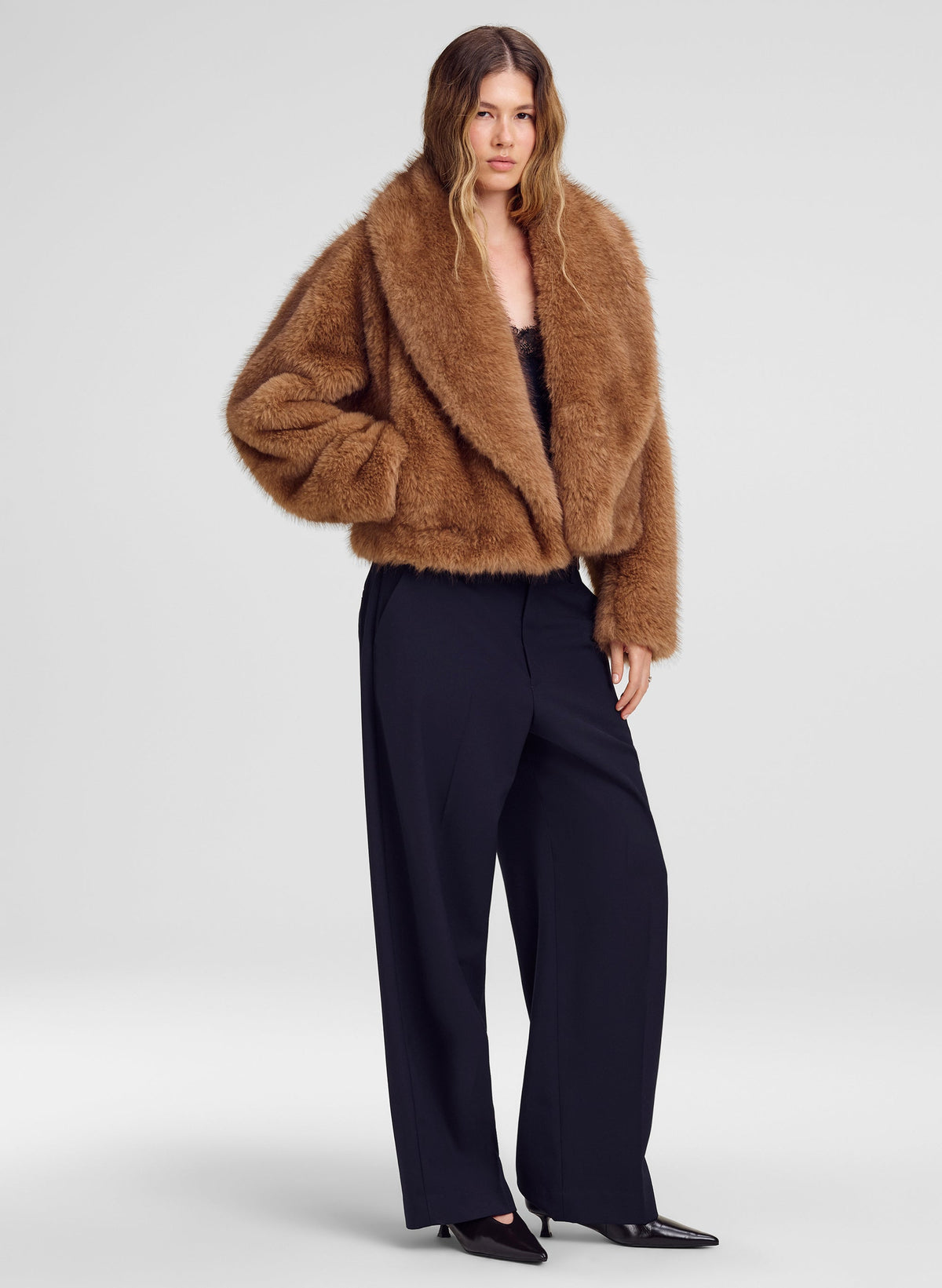 ALC Solange Jacket in Tan Alpaca, alternate view on model