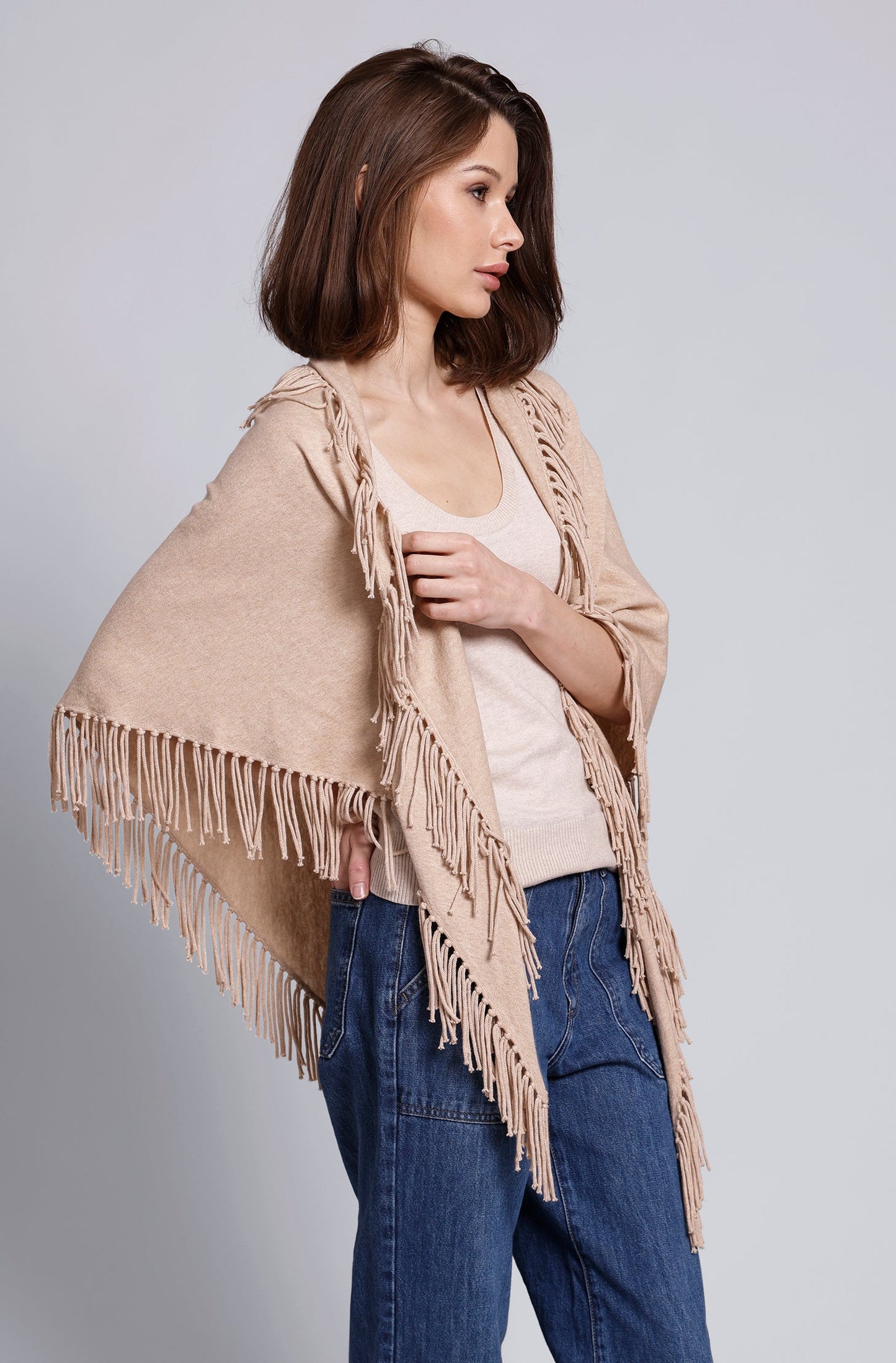 MR Cashmere Fringe Shawl - Brown Sugar, on model