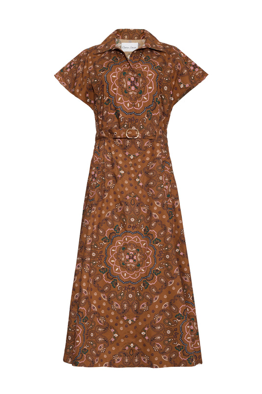Cara Cara Sawyer Dress in Bandana Camel, front view