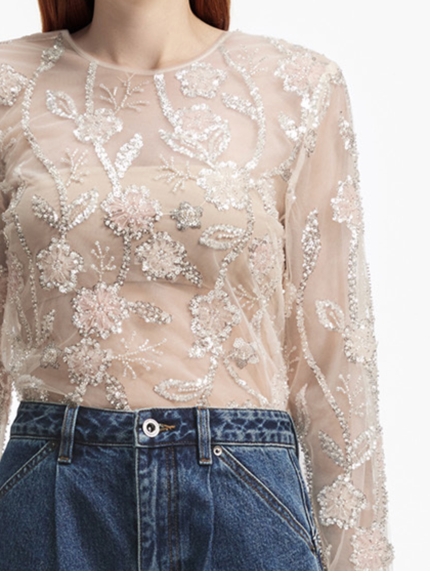 self-portrait Sequin Flower Top