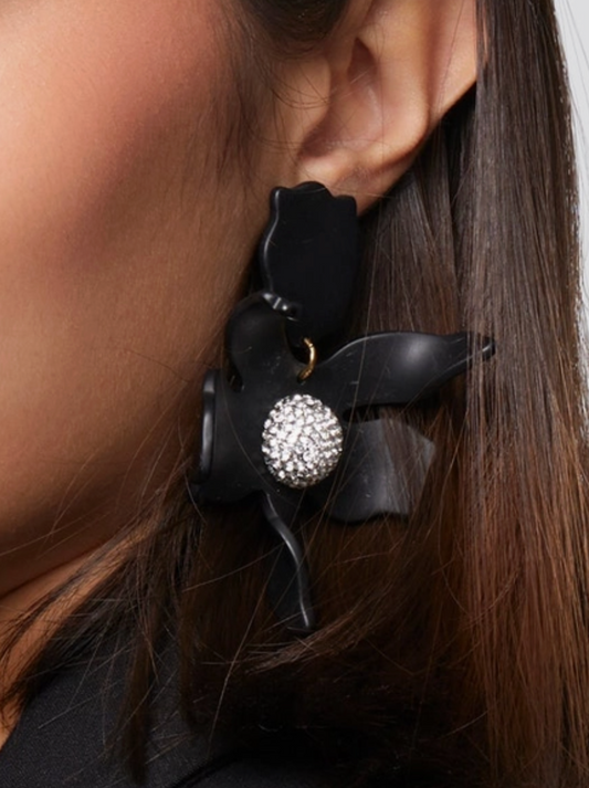 Lele Jet Crystal Lily Clip-On Earrings