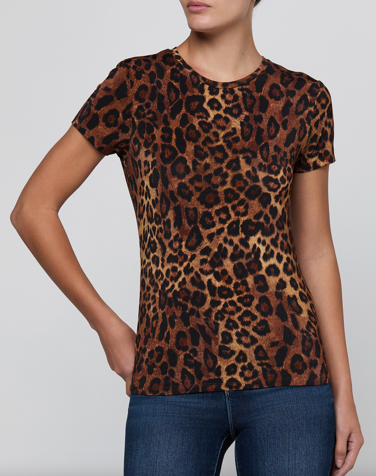 L'Agence Ressi Crew tee in tan Javan leopard print, shown on model, front view