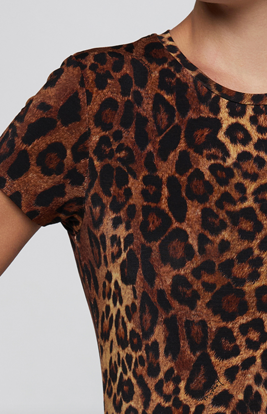 L'Agence Ressi Crew tee in tan Javan leopard print, close-up of the leopard print