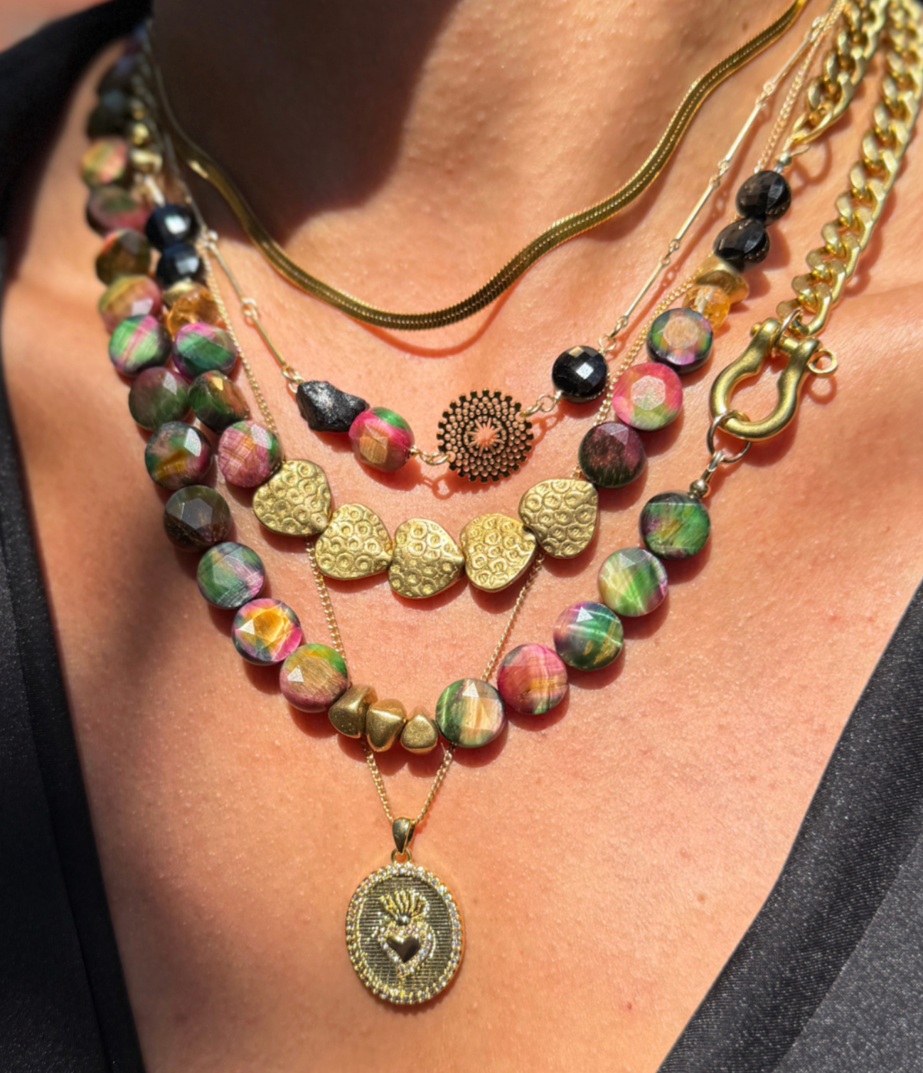 Rachel Nathan Shackle Single: Rainbow Tiger's Eye Coin