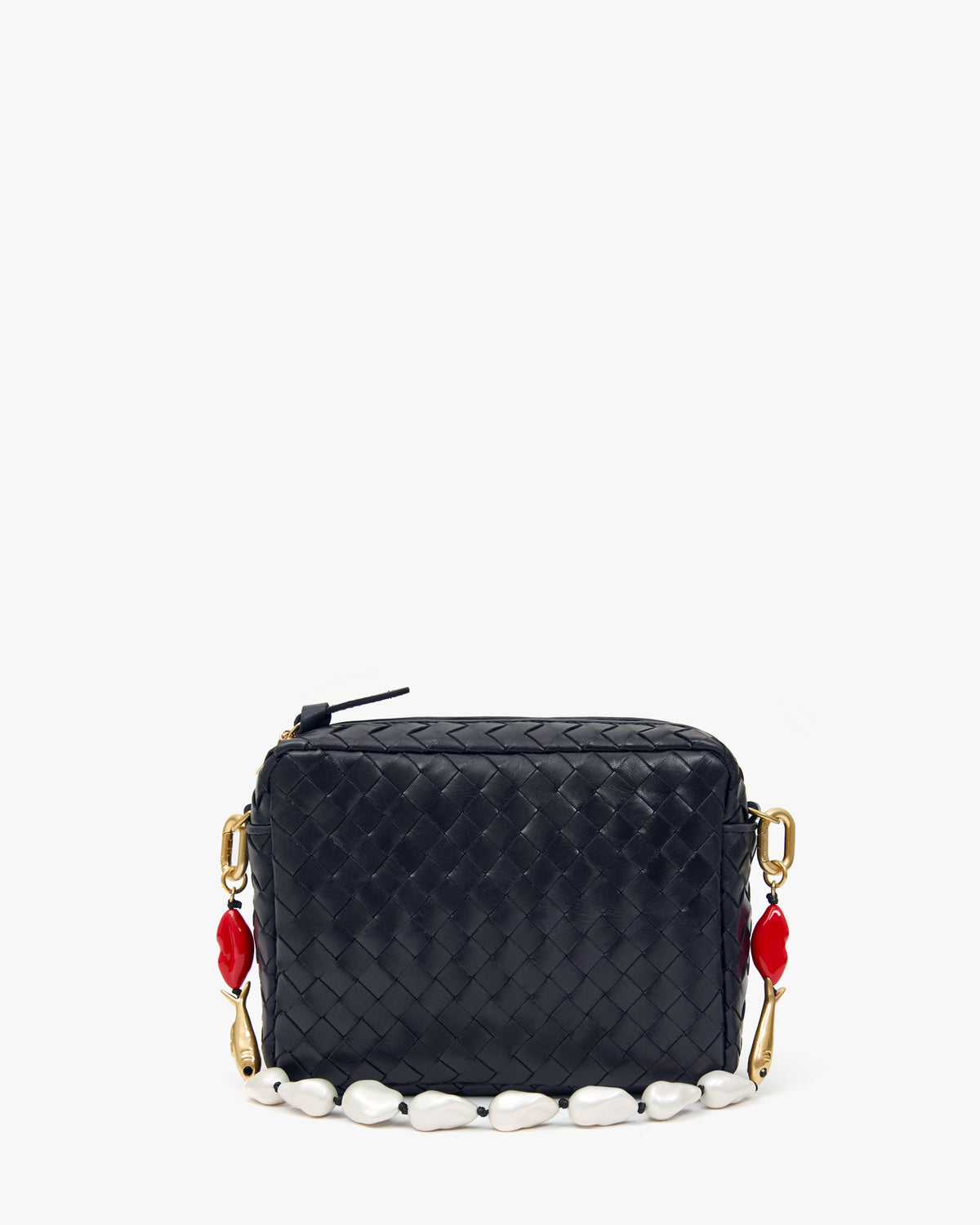 Clare V Shortie Strap in Multi Charm attached to a Midi Sac, detail of the wood and enamel charms