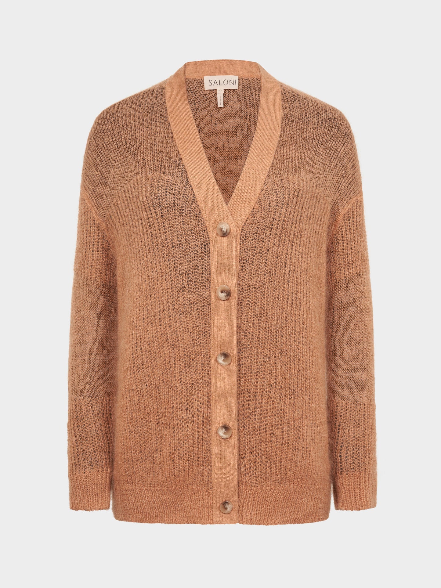 Saloni Oversized Cardigan in Camel, oversized mohair cardigan with V neckline