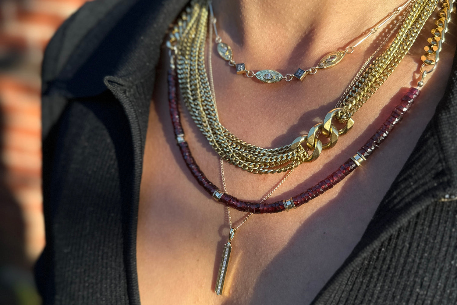 Rachel Nathan The Link: For Play necklace shown on model, layered