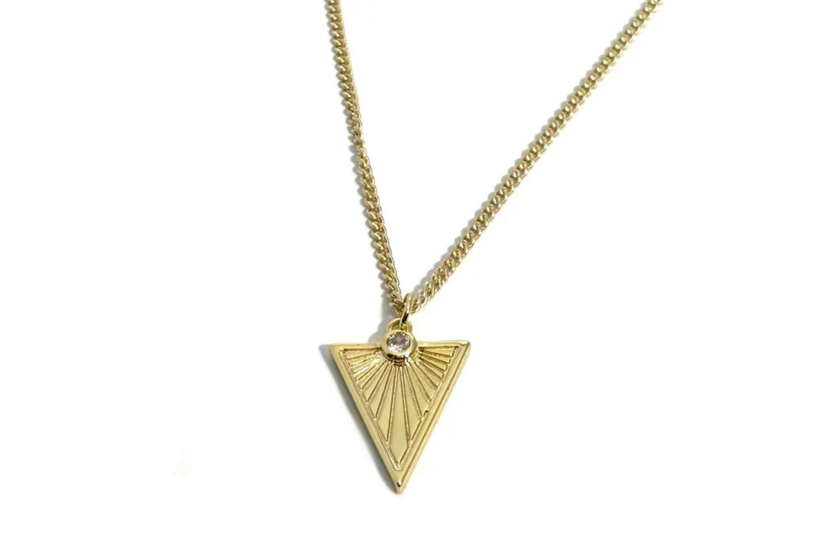 Rachel Nathan Triad necklace, full front view of the gold-filled inverted triangle pendant on gold-filled curb chain