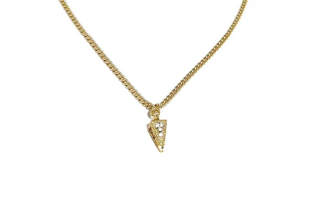 Rachel Nathan Art Deco Drop mini necklace, full front view of the gold-filled pave Art Deco drop on gold-filled curb chain