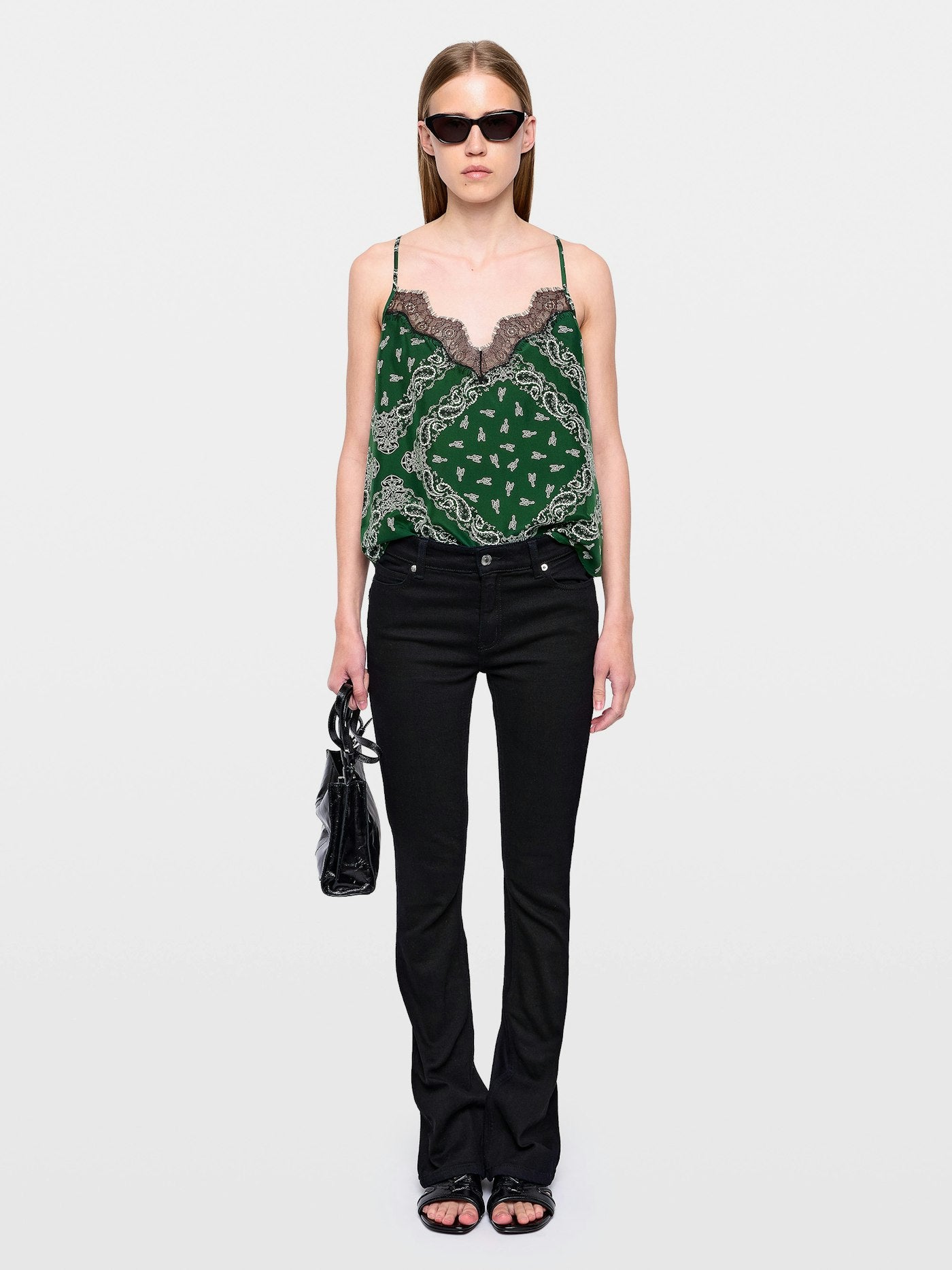 Zadig & Voltaire Cespa Bandana Camisole in Meadow green, worn on model, front view