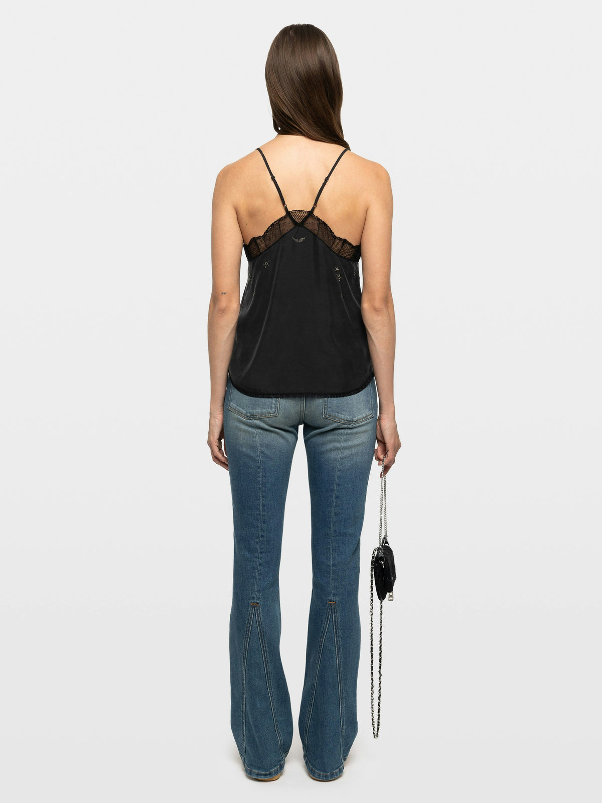 Zadig & Voltaire Christy Strass Paisley Camisole in black silk, shown on model, back view