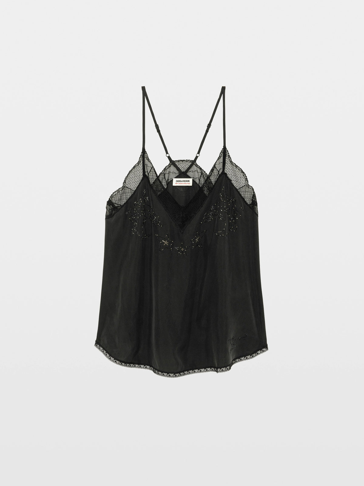 Zadig & Voltaire Christy Strass Paisley Camisole in black silk, flat product view showing the lace neckline and rhinestones