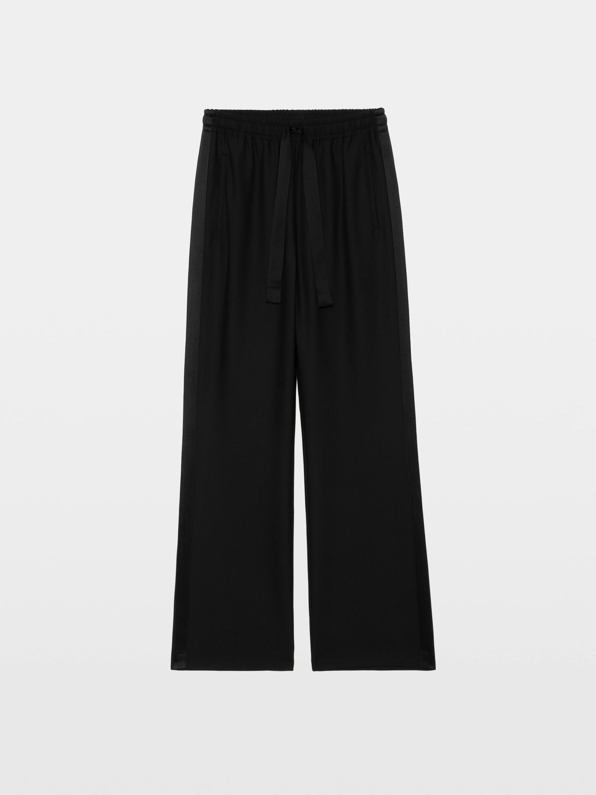 Zadig & Voltaire Poma Pants in black, flat product view showing the satin side bands