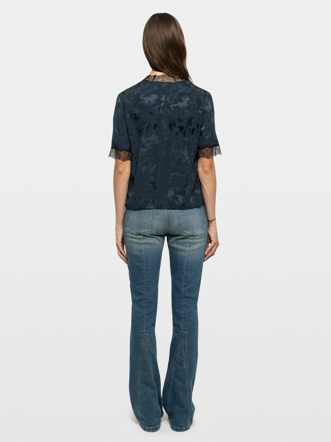 Zadig & Voltaire Tedoxa Horses Top in Encre navy, back view showing wings embroidery