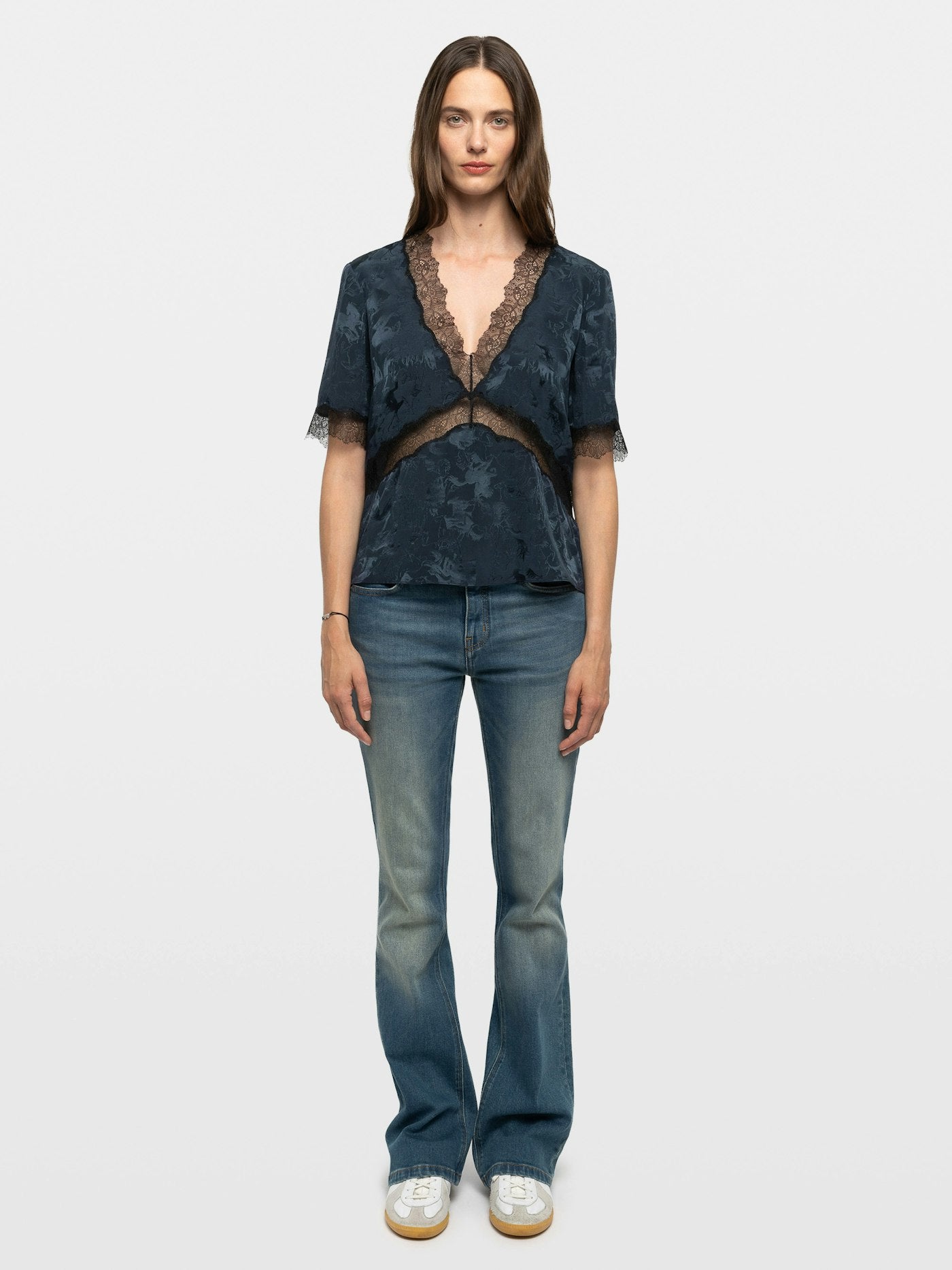 Zadig & Voltaire Tedoxa Horses Top in Encre navy, worn on model, front view