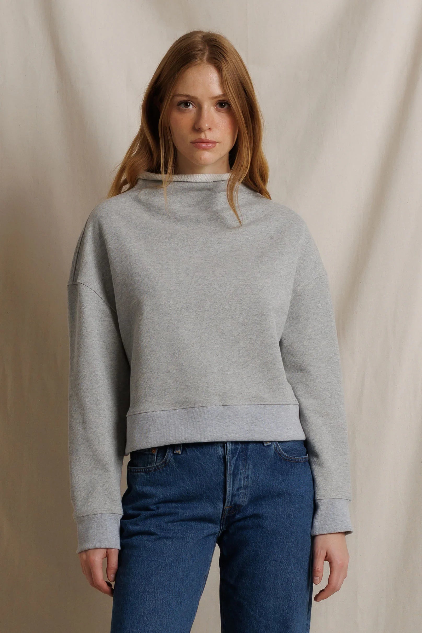 perfectwhitetee Arden french terry sweatshirt in Heather Grey, shown on model