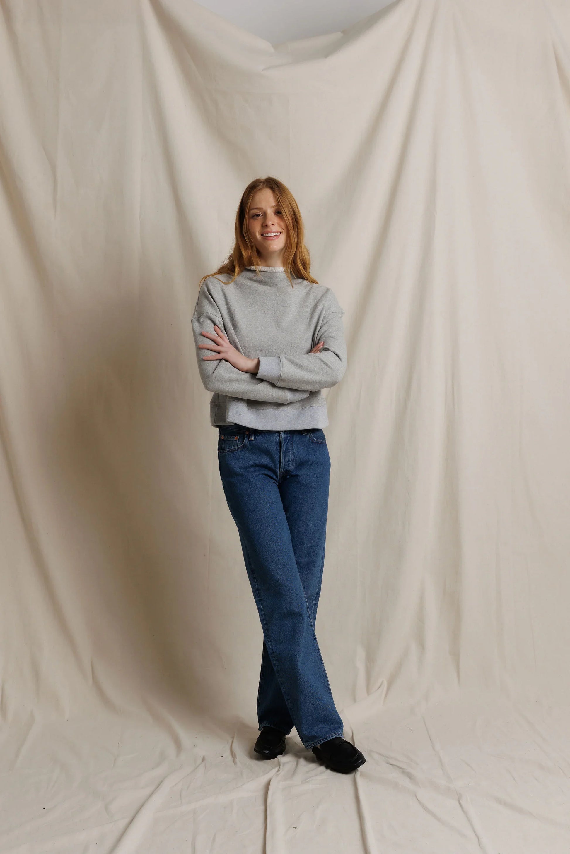 perfectwhitetee Arden french terry sweatshirt in Heather Grey, alternate view on model